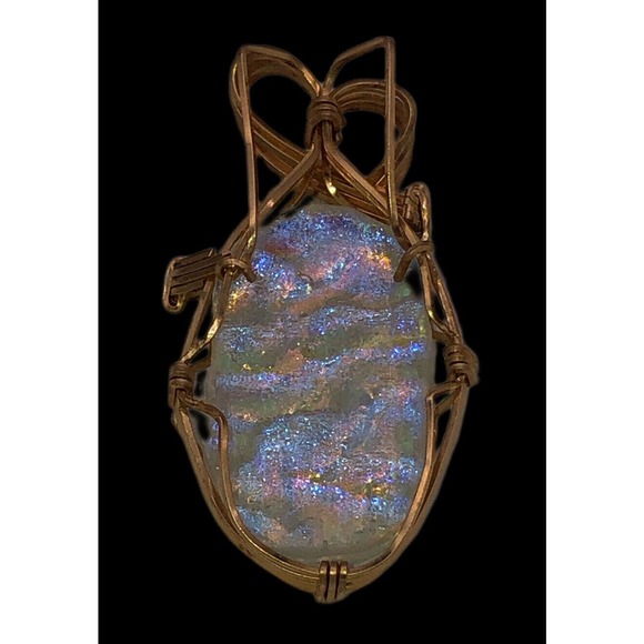 Gold Wire Wrapped Oval MOP Mother Of Pearl Dichroic Glass Pendant Necklace Charm - Picture 4 of 7